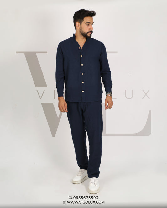 Ensemble Homme Élégant en Loulan – Chemise Col Mao & Pantalon Décontracté