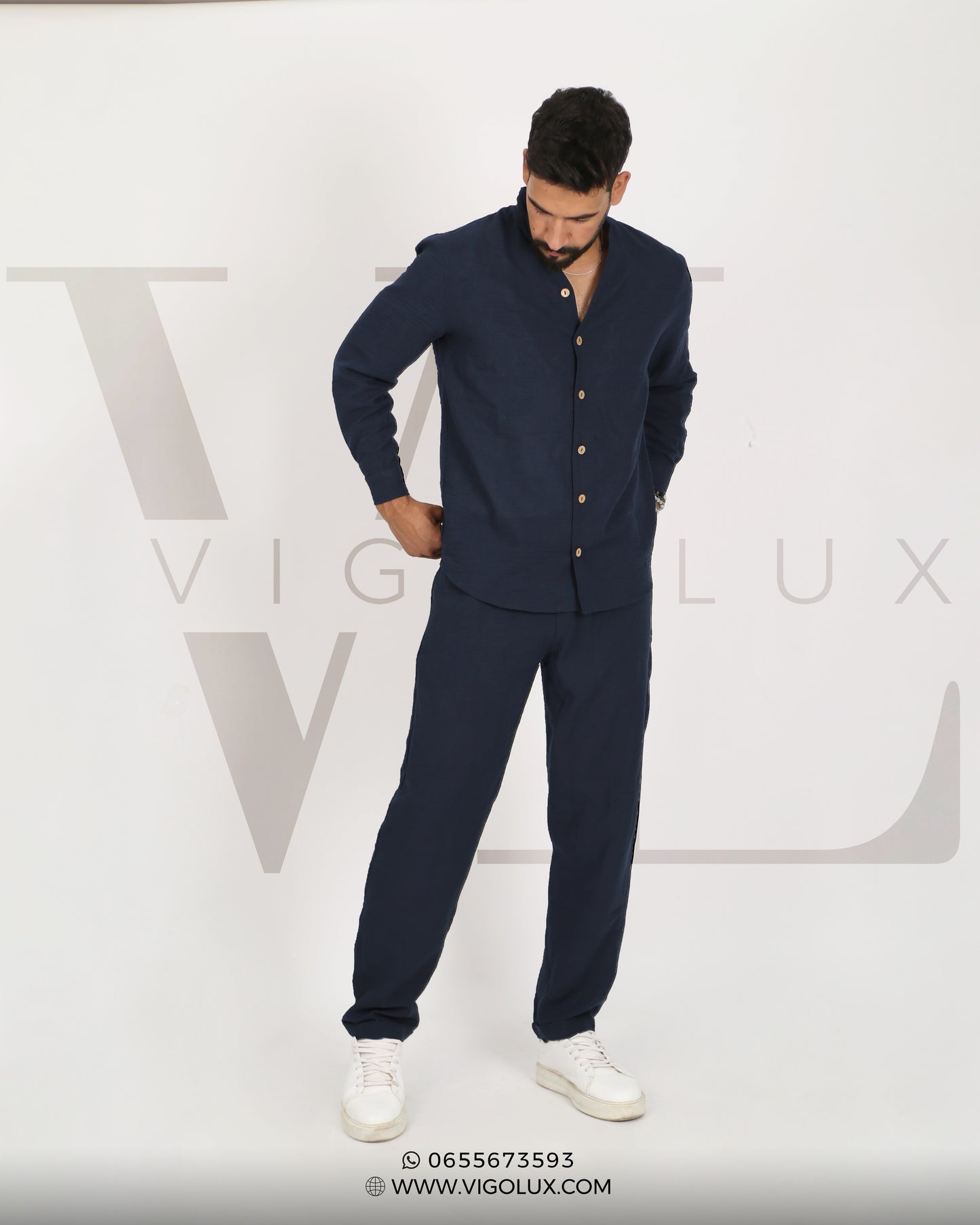 Ensemble Homme Élégant en Loulan – Chemise Col Mao & Pantalon Décontracté