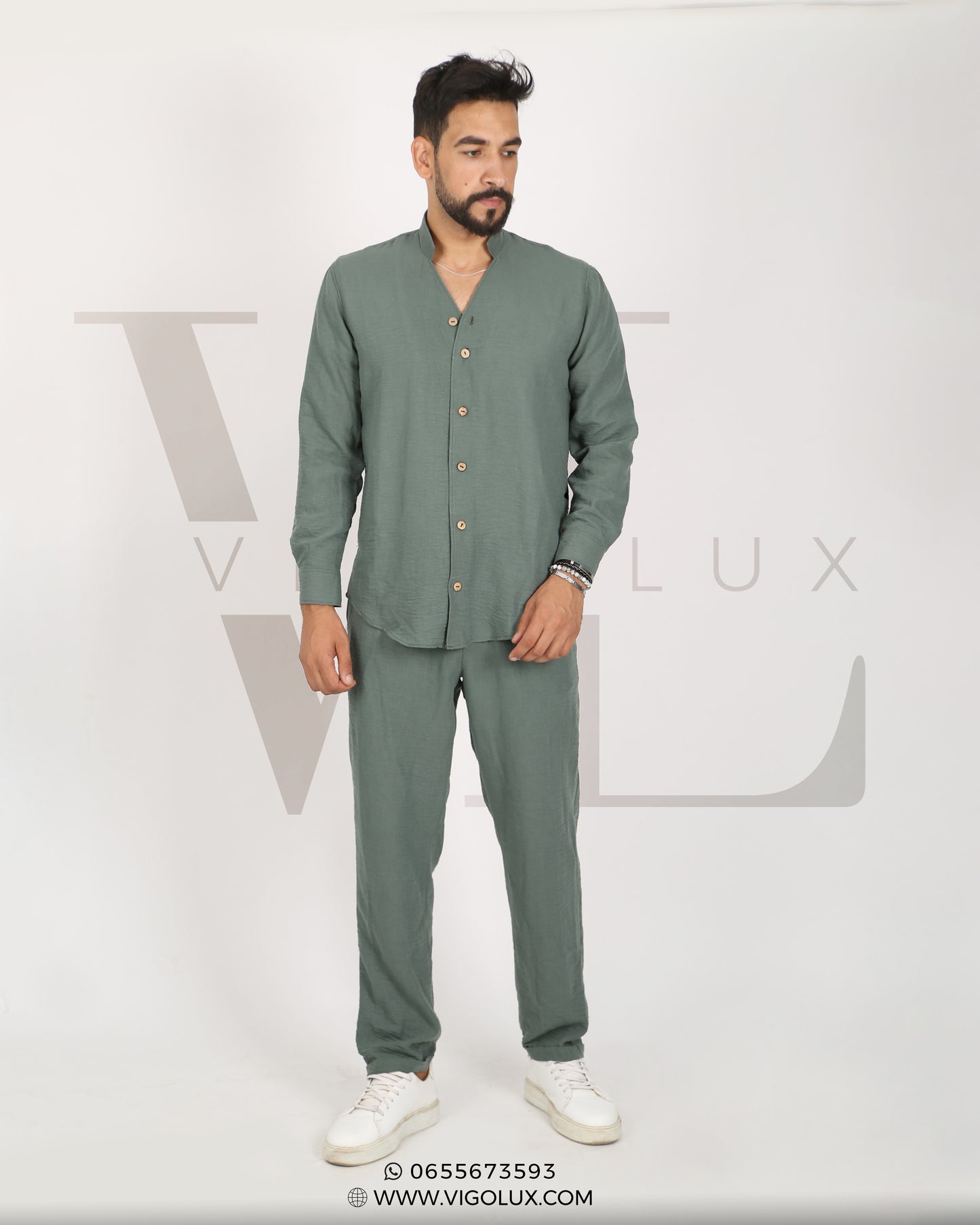 Ensemble Homme Élégant en Loulan – Chemise Col Mao & Pantalon Décontracté