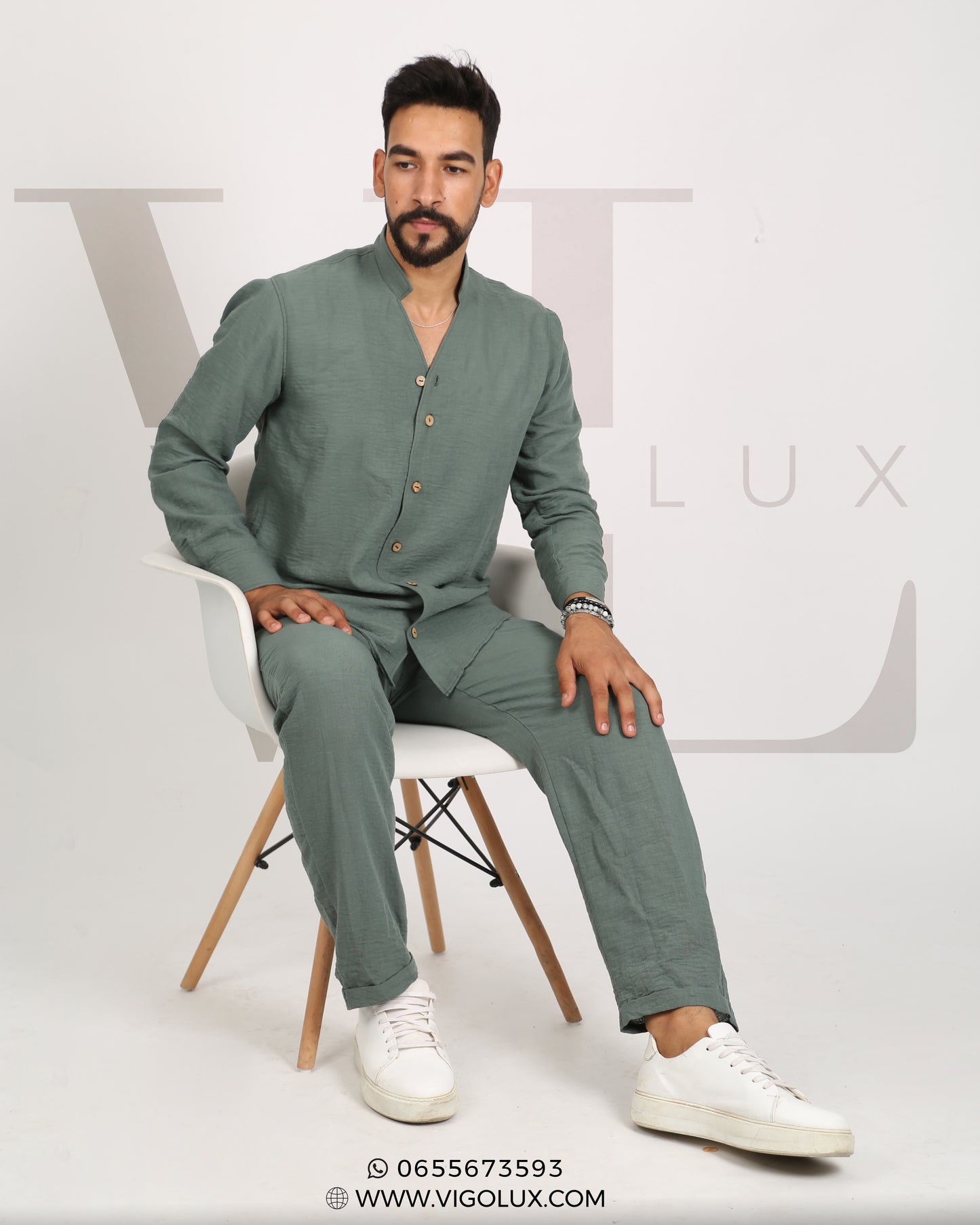 Ensemble Homme Élégant en Loulan – Chemise Col Mao & Pantalon Décontracté