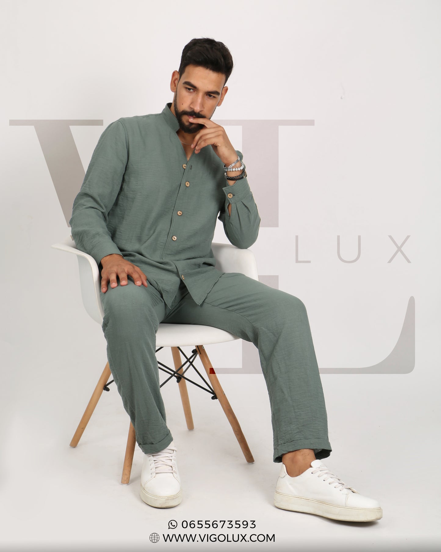 Ensemble Homme Élégant en Loulan – Chemise Col Mao & Pantalon Décontracté