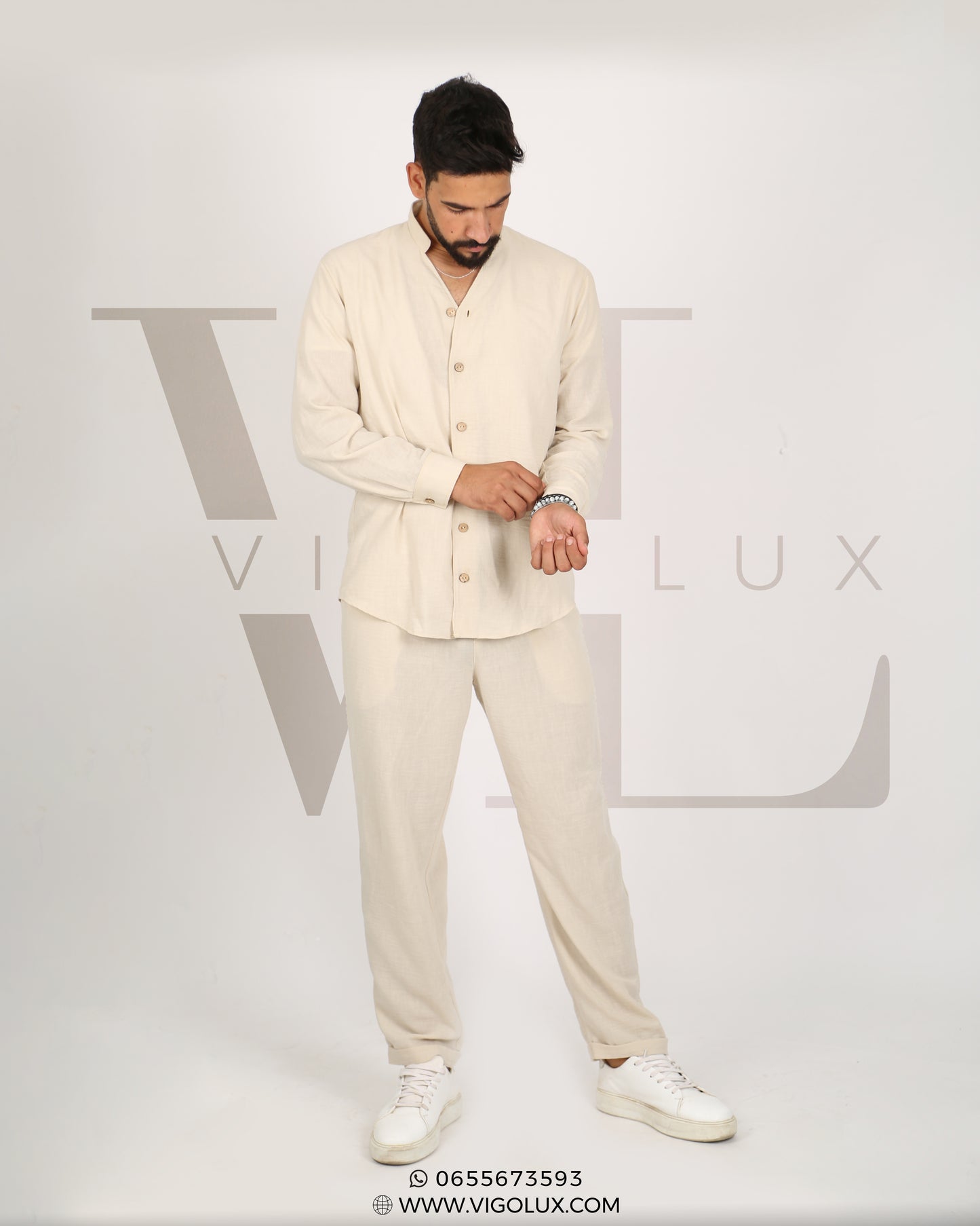 Ensemble Homme Élégant en Loulan – Chemise Col Mao & Pantalon Décontracté