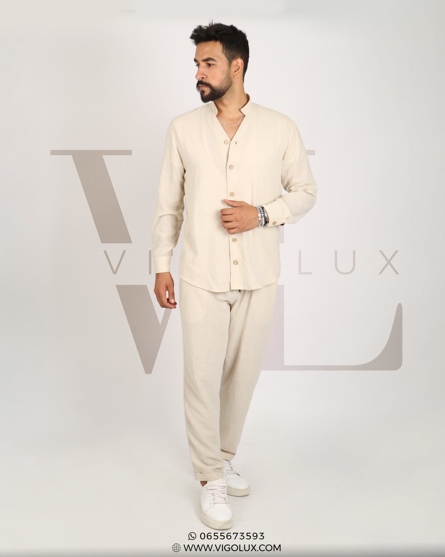 Ensemble Homme Élégant en Loulan – Chemise Col Mao & Pantalon Décontracté
