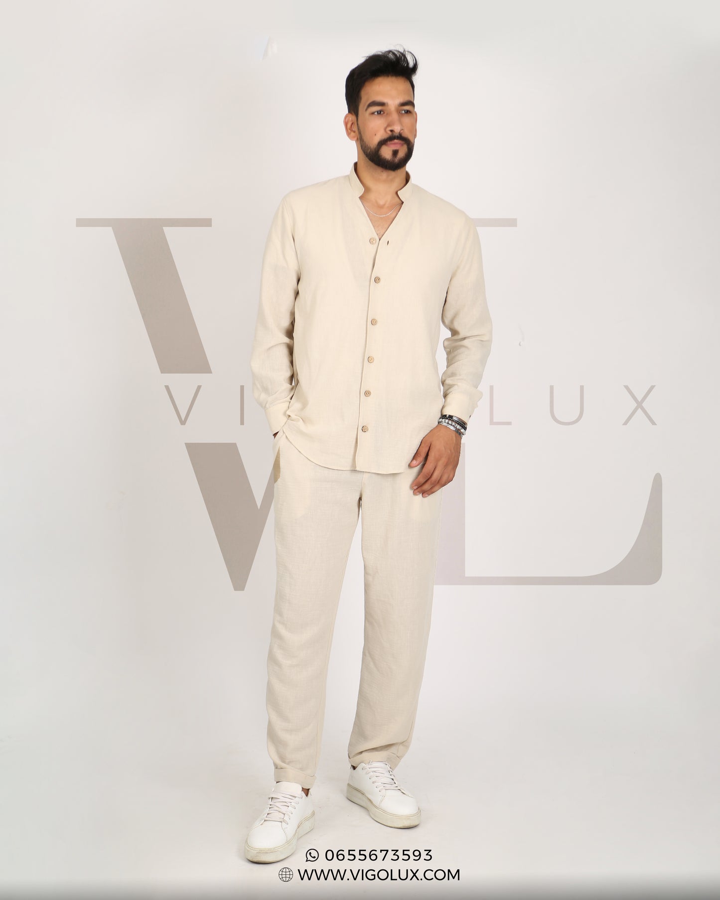Ensemble Homme Élégant en Loulan – Chemise Col Mao & Pantalon Décontracté