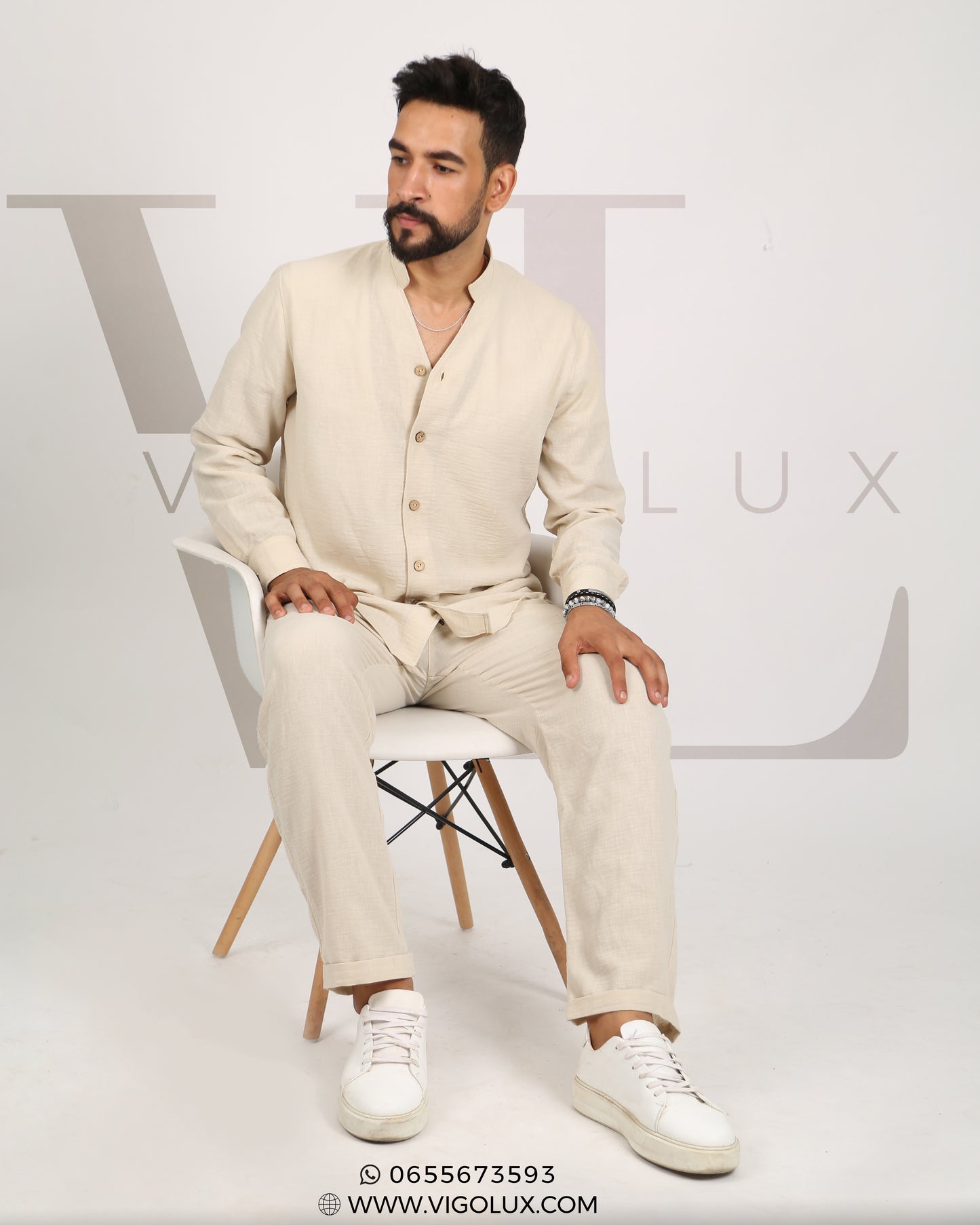Ensemble Homme Élégant en Loulan – Chemise Col Mao & Pantalon Décontracté