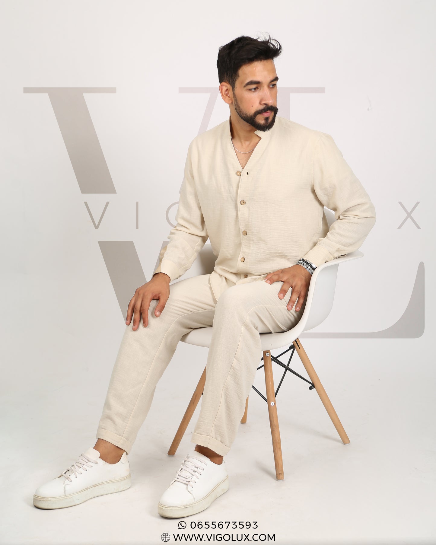 Ensemble Homme Élégant en Loulan – Chemise Col Mao & Pantalon Décontracté