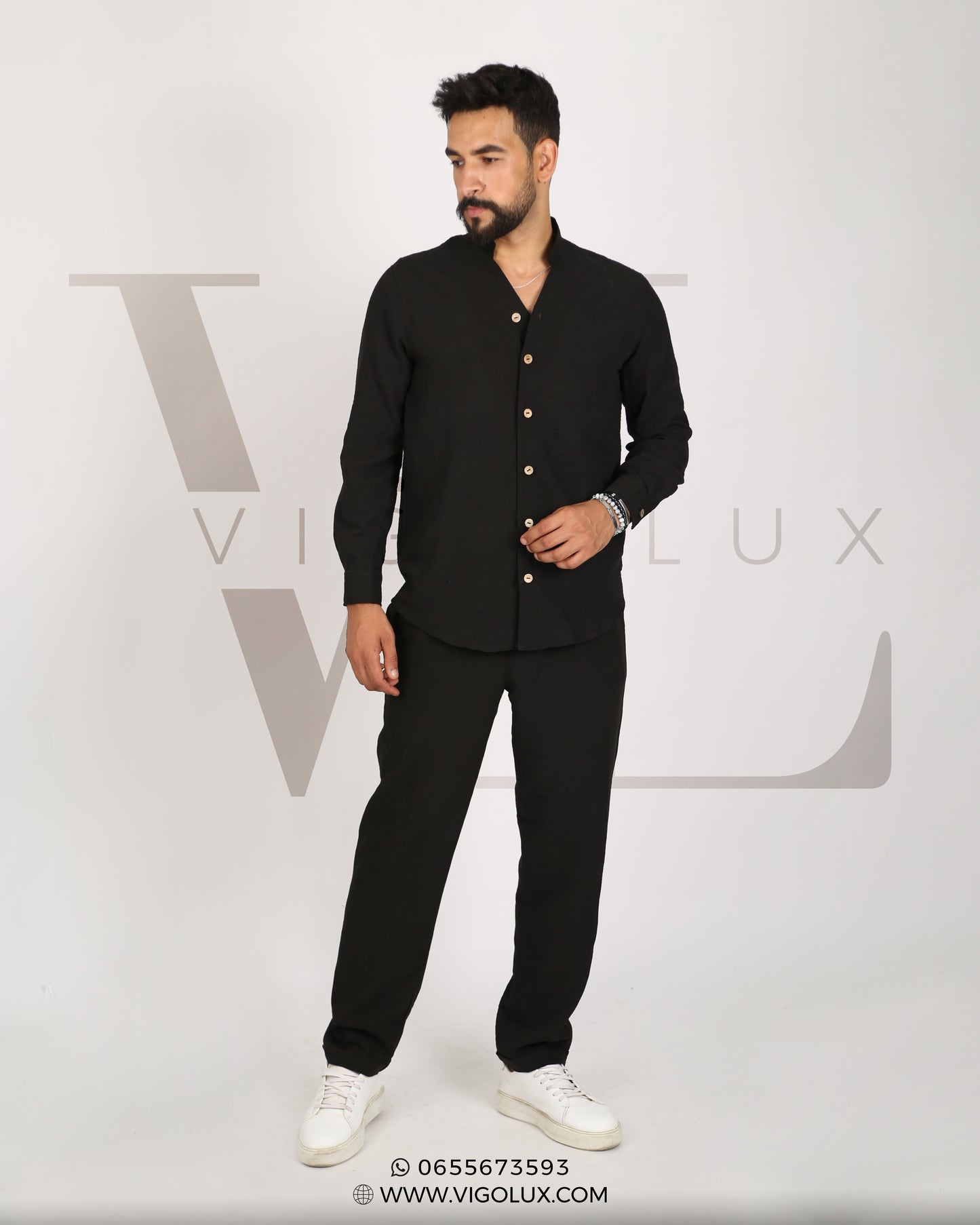 Ensemble Homme Élégant en Loulan – Chemise Col Mao & Pantalon Décontracté