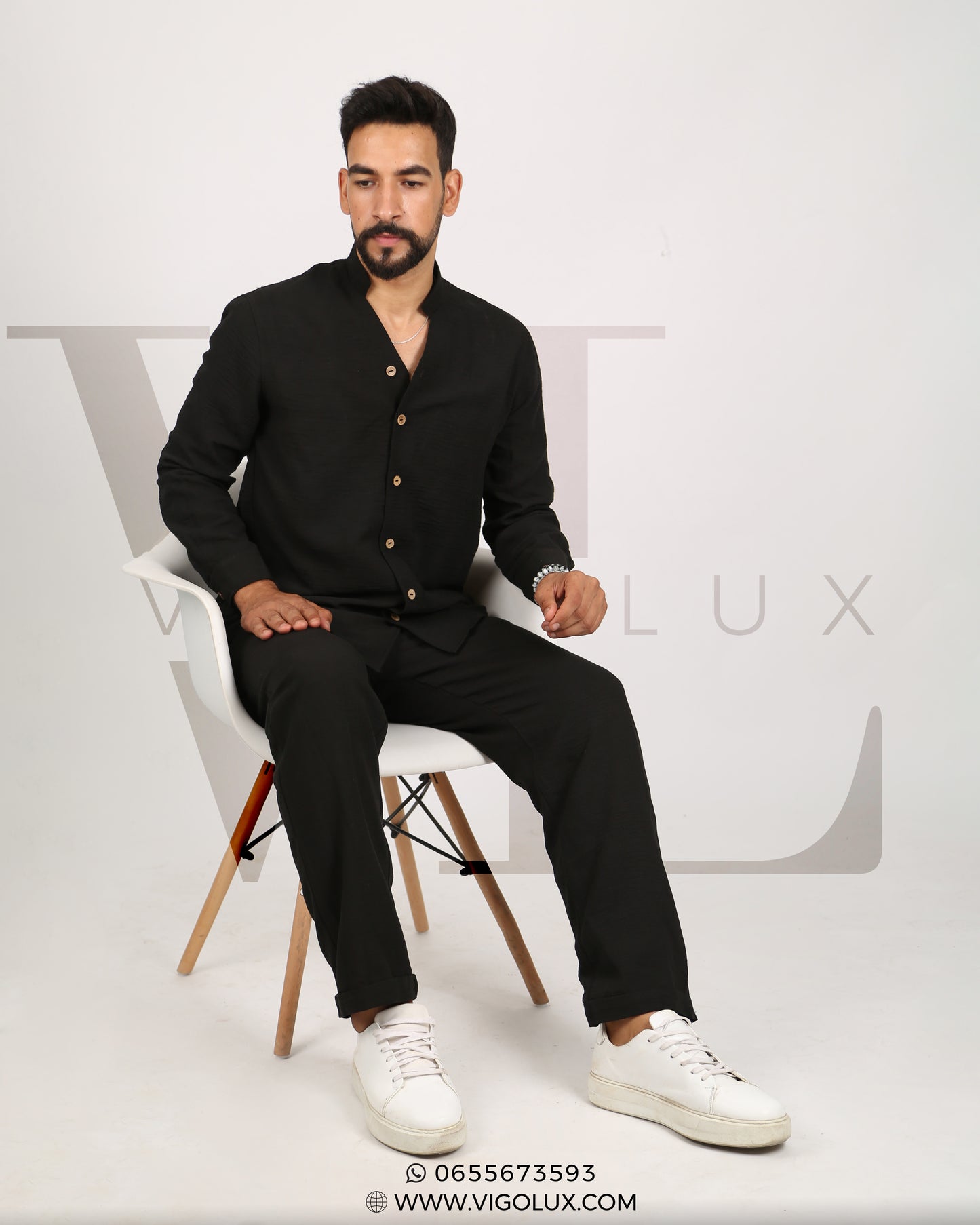 Ensemble Homme Élégant en Loulan – Chemise Col Mao & Pantalon Décontracté
