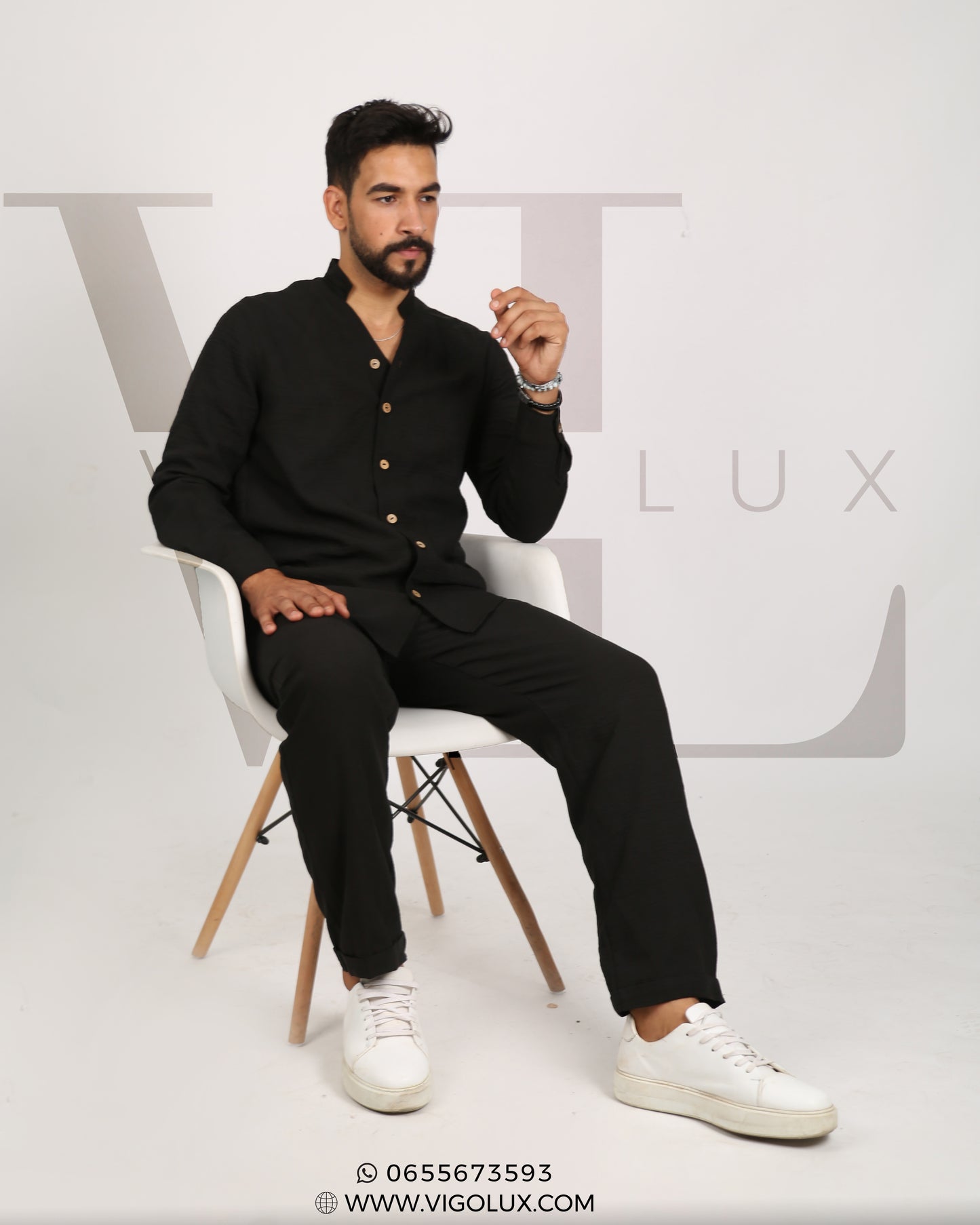 Ensemble Homme Élégant en Loulan – Chemise Col Mao & Pantalon Décontracté