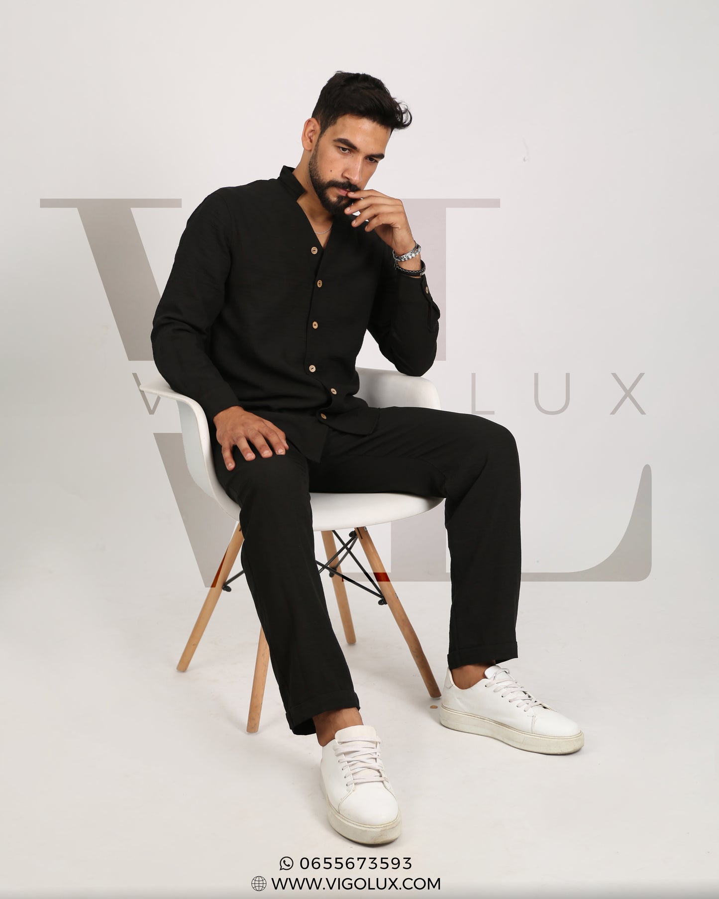 Ensemble Homme Élégant en Loulan – Chemise Col Mao & Pantalon Décontracté