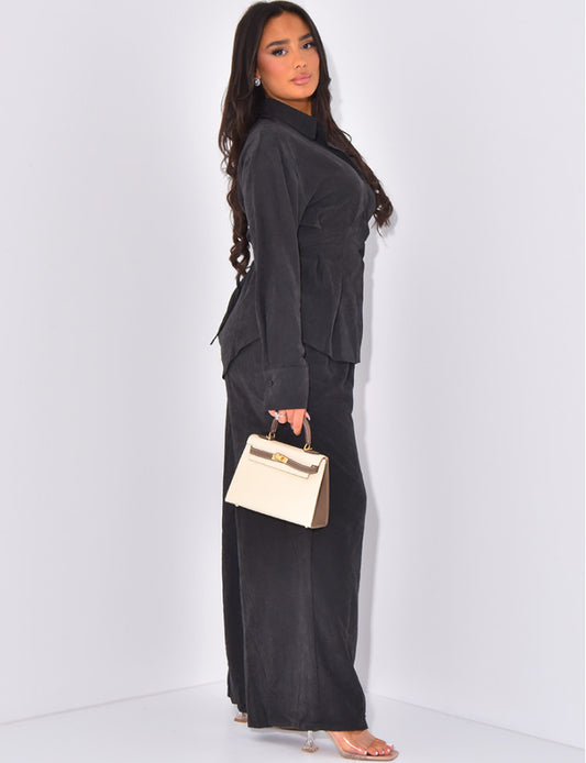 Ensemble pantalon effet daim et chemise ajustée à nouer