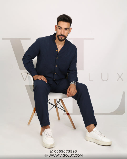 Ensemble Homme Élégant en Loulan – Chemise Col Mao & Pantalon Décontracté